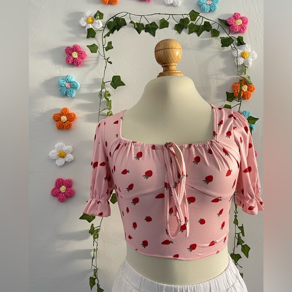 Pink Strawberry Print Crop Top